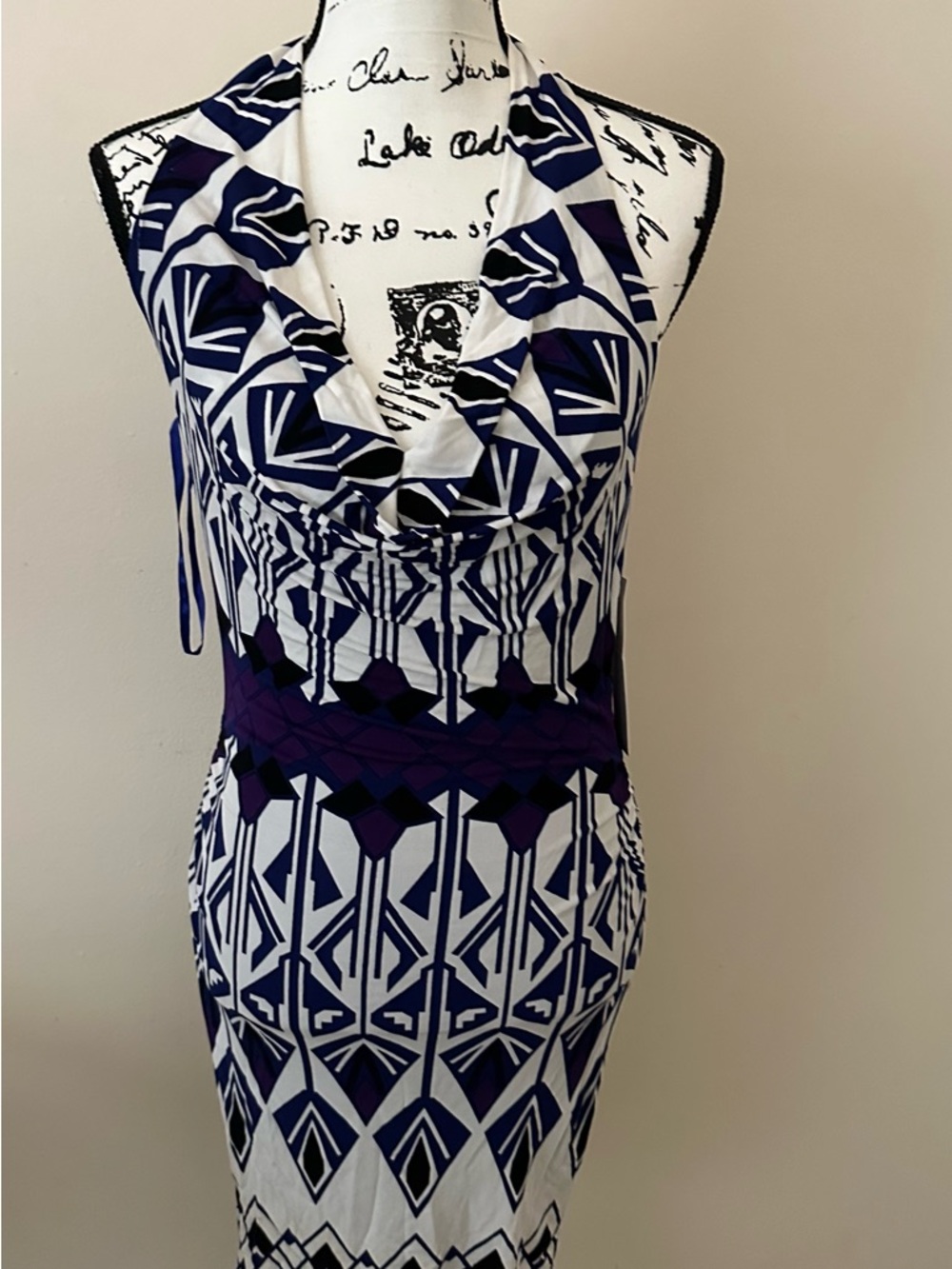 Nicole Miller Strapless Geometric Print Dress in Navy and White